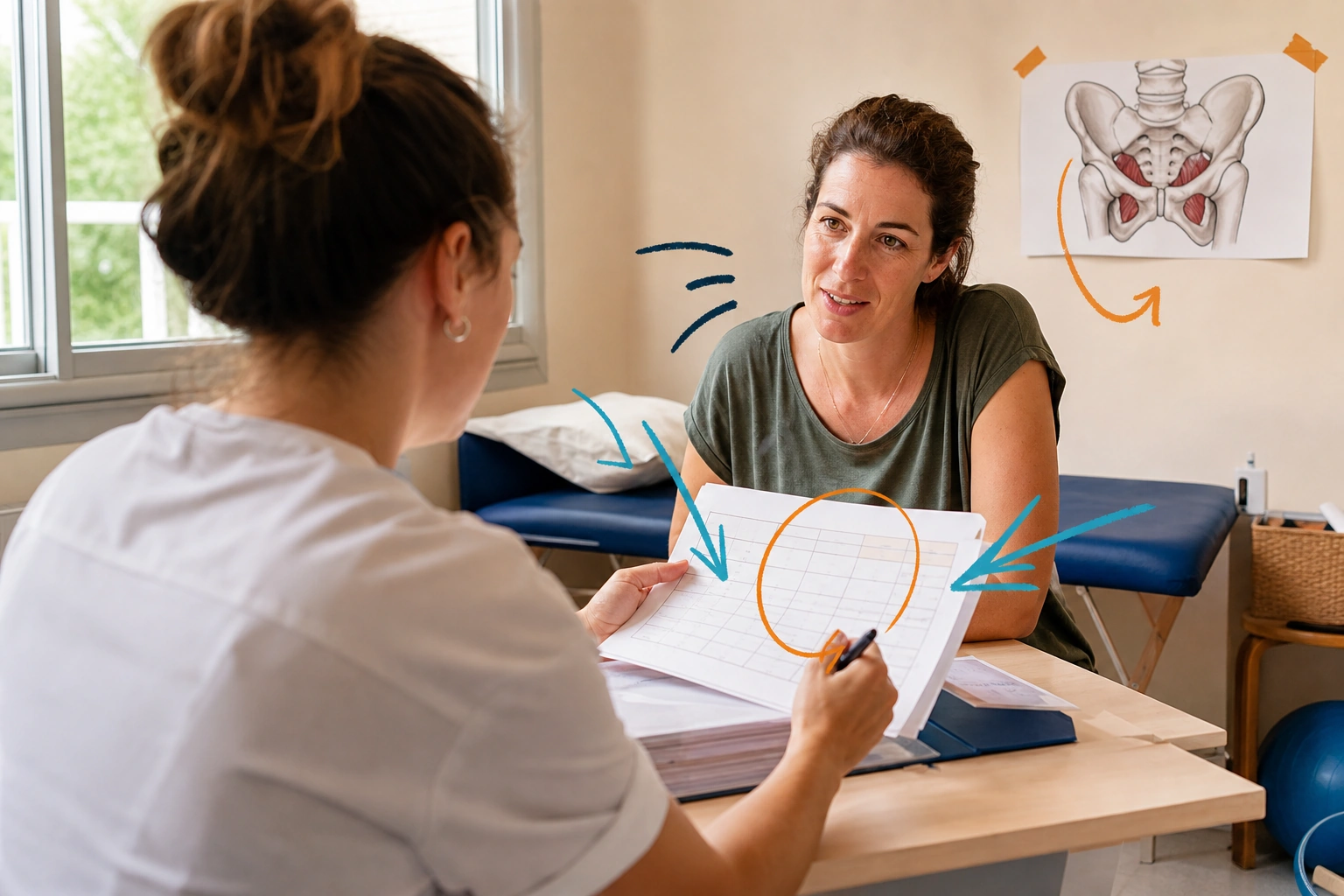 Kinésithérapeute en consultation — formation Prise en charge kinésithérapique de la patiente adulte atteinte d'endométriose Audit clinique